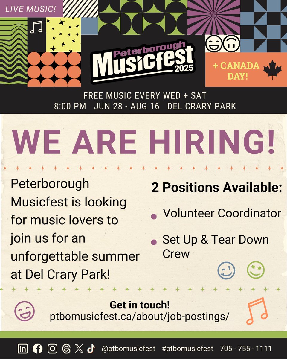 🎤 Ready to make this summer unforgettable? Peterborough Musicfest is hiring for TWO awesome roles!

Work where the music happens. Build your skills.
Apply today 👉 ptbomusicfest.ca

Share this post! 

#PeterboroughMusicfest #SummerJobs#LoveLocalPTBOKawarthas