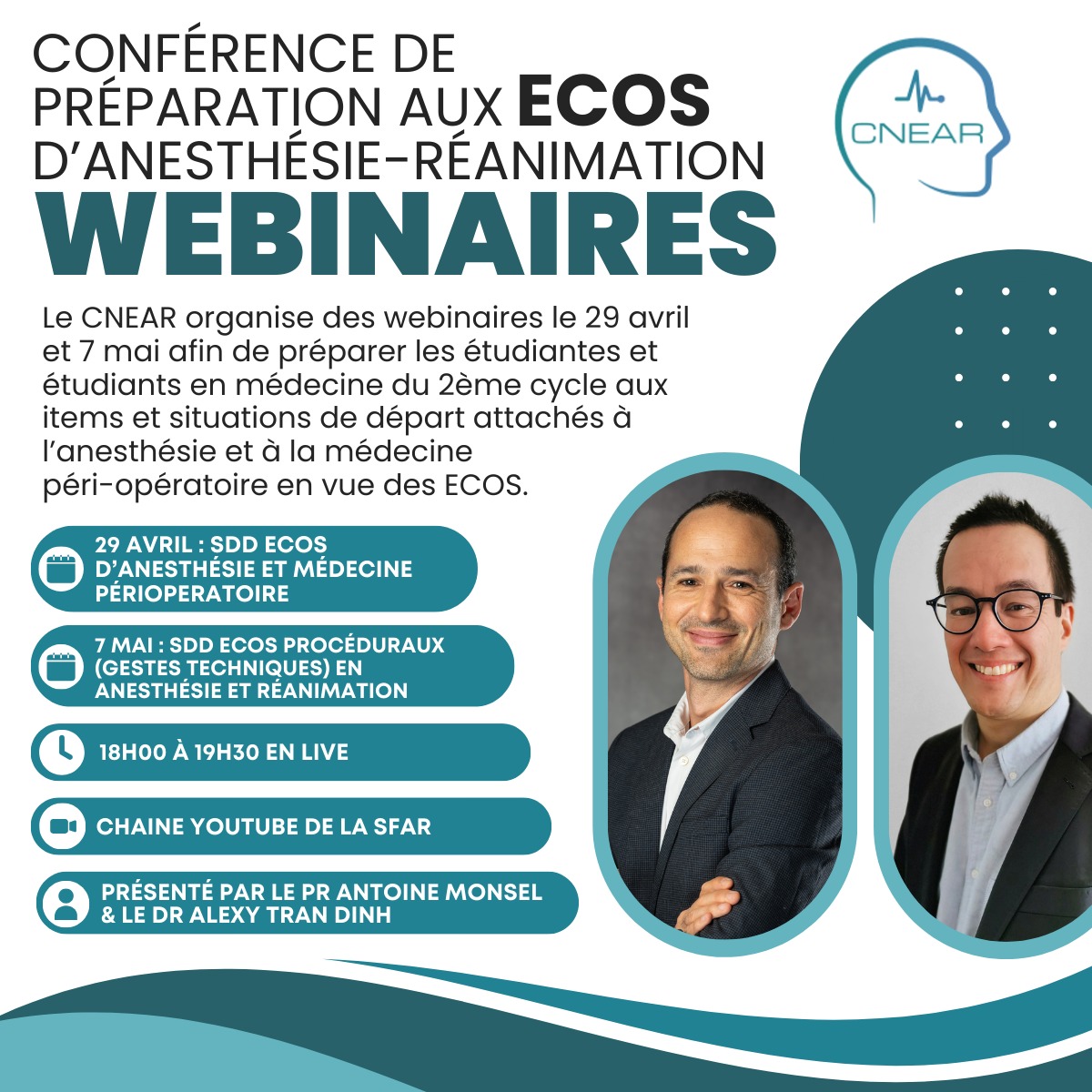 Le 1er webinaire, c'est demain ! 🚨

Sessions à 18h sur la chaine YouTube de la SFAR ➡️ youtube.com/@sfar_officiel