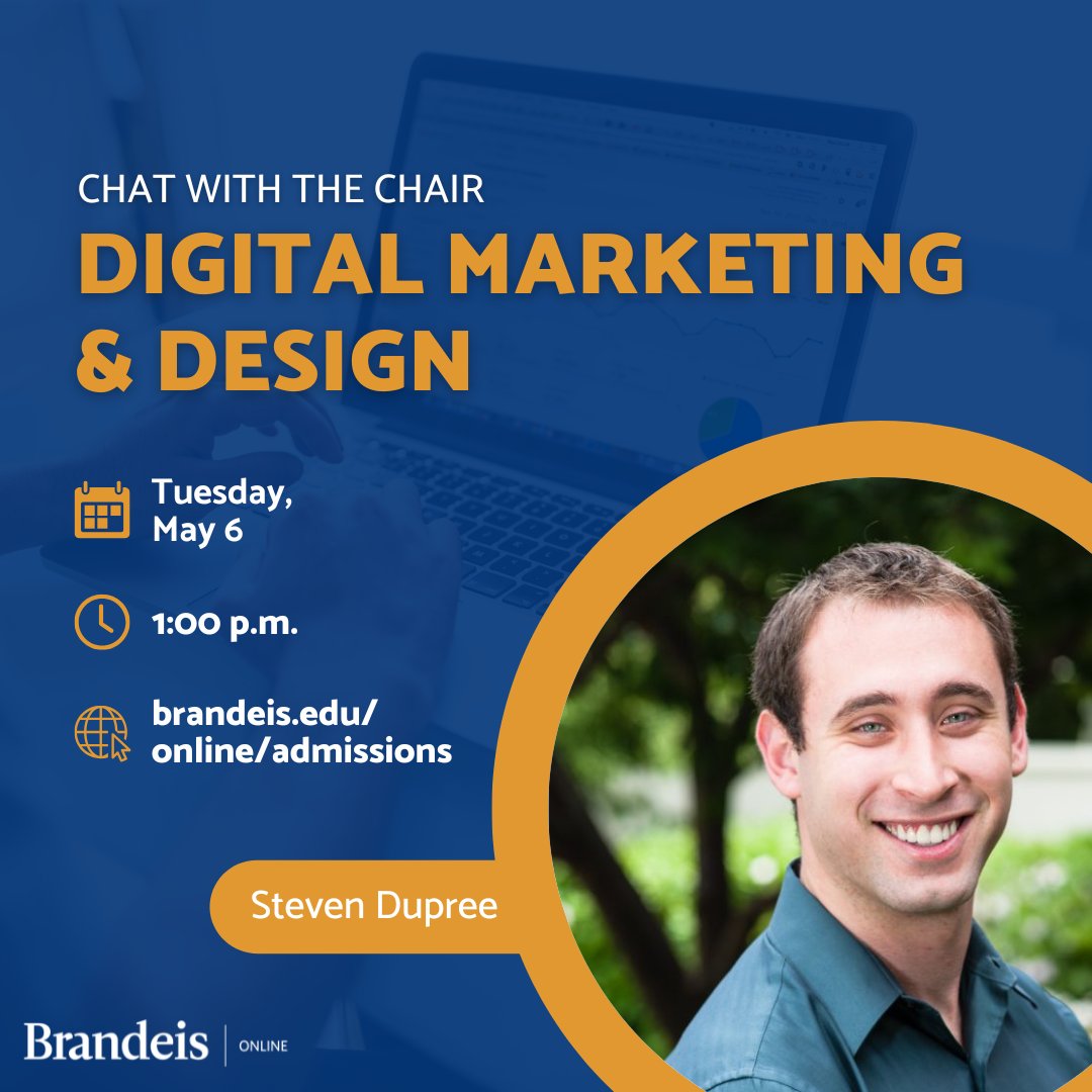Interested in earning an MS in Digital Marketing and Design from Brandeis Online?

Join us for an information session with Program Chair Steven Dupree next Tuesday, May 6!

RSVP: ow.ly/ZHOC50VFsRB.

#Brandeis #BrandeisOnline #Marketing #DigitalMarketing #Masters