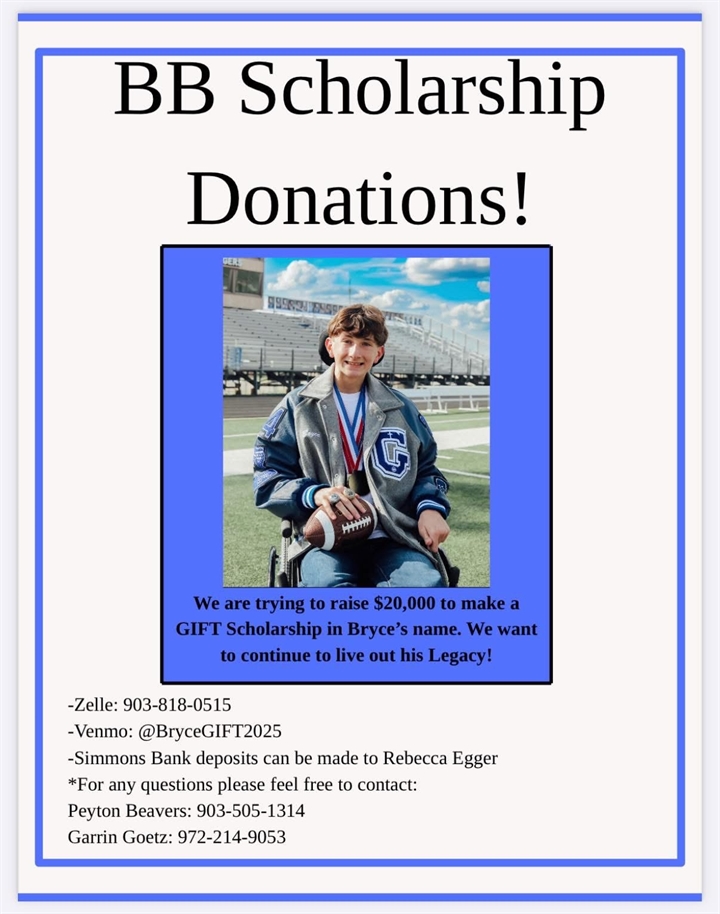 Dave Campbell's Texas Football — TexasFootball.com (@dctf) on Twitter photo Gunter High School seniors Peyton Beavers and Garrin Goetz have set up a scholarship fund in Bryce Biros' name with the goal of raising $20,000 by May 15, 2025. Information to donate is below.
#TXHSFB #Dctf #TexasFootball | <a href="/GunterHSTigers/">Gunter High School Tigers #TPW</a> <a href="/CoachFieszel/">Jake Fieszel</a>
Full story on Bryce Gunter High School seniors Peyton Beavers and Garrin Goetz have set up a scholarship fund in Bryce Biros' name with the goal of raising $20,000 by May 15, 2025. Information to donate is below.
#TXHSFB #Dctf #TexasFootball | <a href="/GunterHSTigers/">Gunter High School Tigers #TPW</a> <a href="/CoachFieszel/">Jake Fieszel</a>
Full story on Bryce