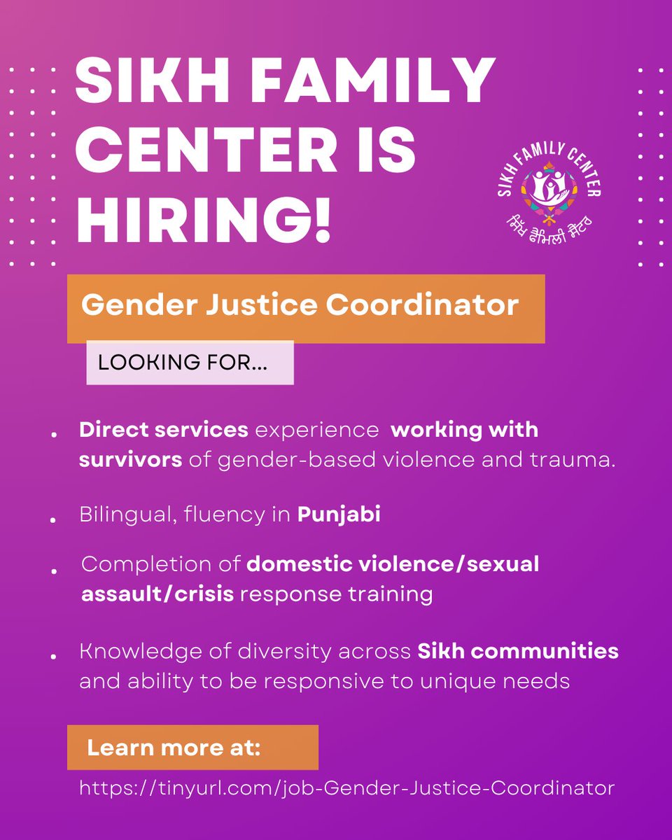 Sikh Family Center (@sikhfamilyctr) on Twitter photo Sikh Family Center is hiring for a Gender Justice Coordinator!
Learn more: tinyurl.com/job-Gender-Jus…
Apply Now: Send your cover letter with references and resume to contact@sikhfamilycenter.org Sikh Family Center is hiring for a Gender Justice Coordinator!
Learn more: tinyurl.com/job-Gender-Jus…
Apply Now: Send your cover letter with references and resume to contact@sikhfamilycenter.org