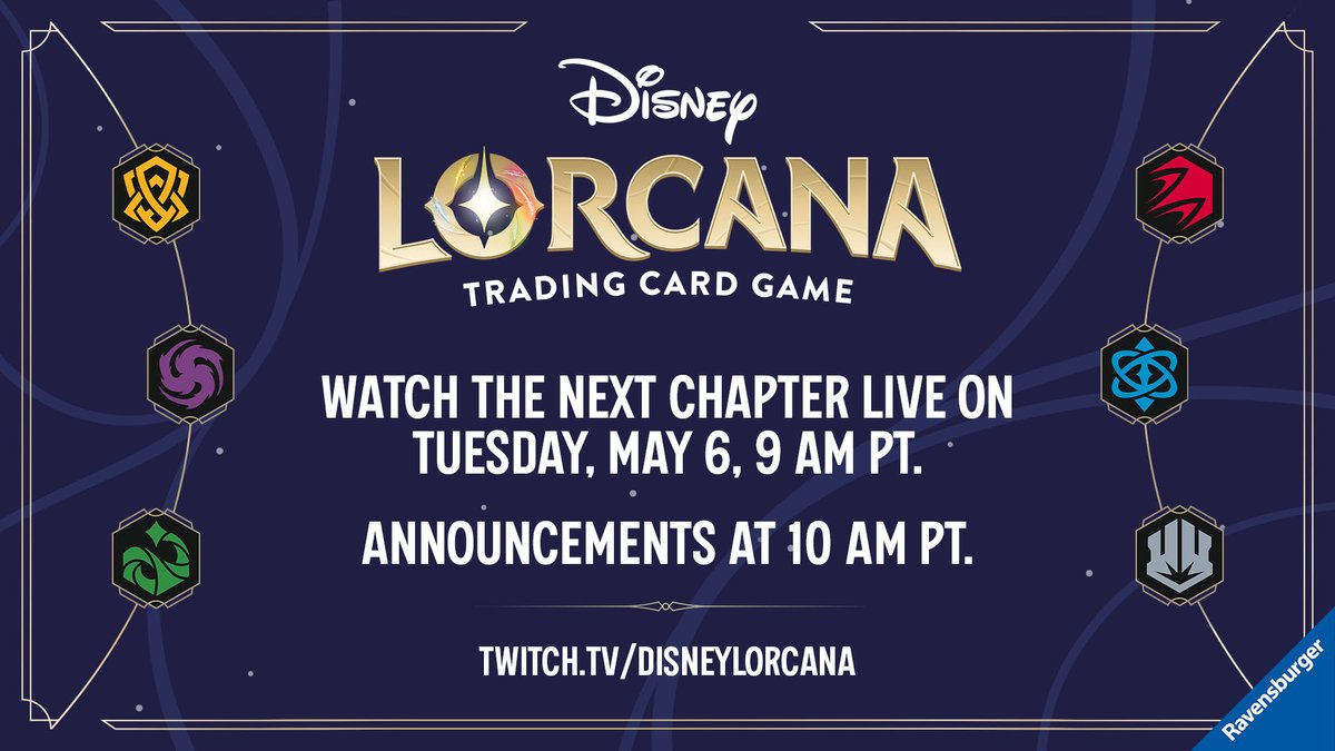 You're about to get a vision of the future... Join us on Tuesday, May 6th to see The Next Chapter of Disney Lorcana TCG. twitch.tv/DisneyLorcana

Livestream starts at 9 a.m. PT with announcements beginning at 10 a.m. Stream in English only. #Disney #DisneyLorcana #TheNextChapter