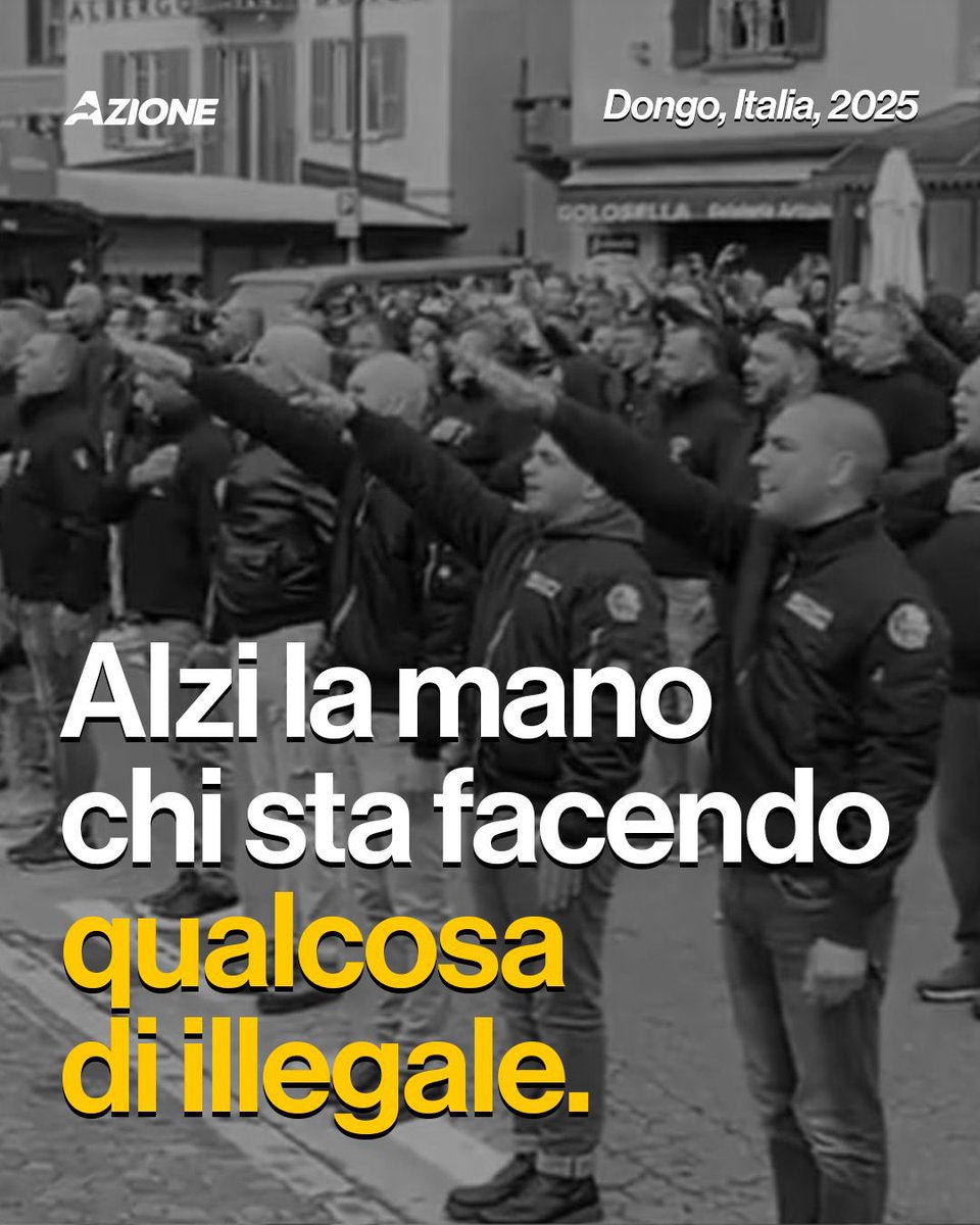 Azione_it's tweet image. L’apologia del #fascismo è un reato e come tale andrebbe trattato. Nel ricordare come l’Italia repubblicana nasca sullo spirito dell’antifascismo, condanniamo pesantemente le immagini che ogni anni vediamo a #Dongo