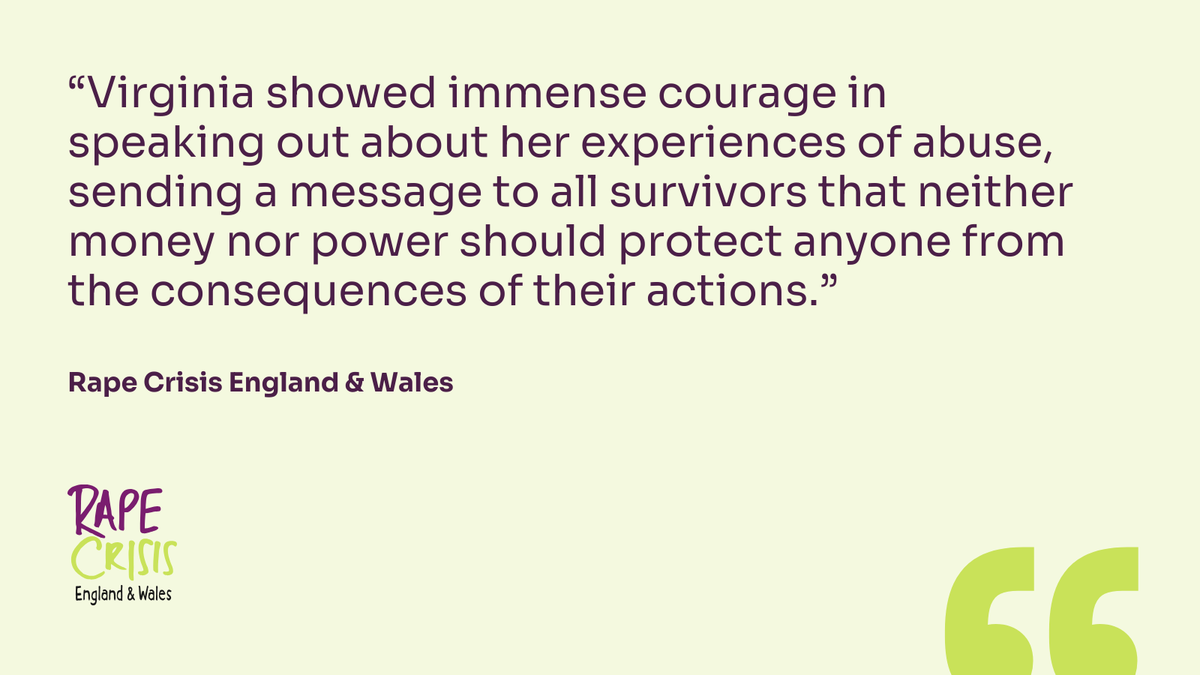 Rape Crisis were deeply saddened to hear over the weekend, of the passing of Virginia Giuffre. Our thoughts are with those who cared for her and all those impacted by her death. 

Read our comment: bit.ly/44wxNJh