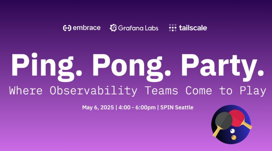 🏓 Save the date! After #GrafanaCON Day 1, join @Embracemobile, <a href="/Tailscale/">Tailscale</a> &amp; @Grafana for happy hour at SPIN Seattle!
🍹 Drinks, bites &amp; ping pong — May 6, 4–6 PM.
Space is limited — RSVP now!

👉get.embrace.io/grafanacon2025… 

#Networking #Observability
