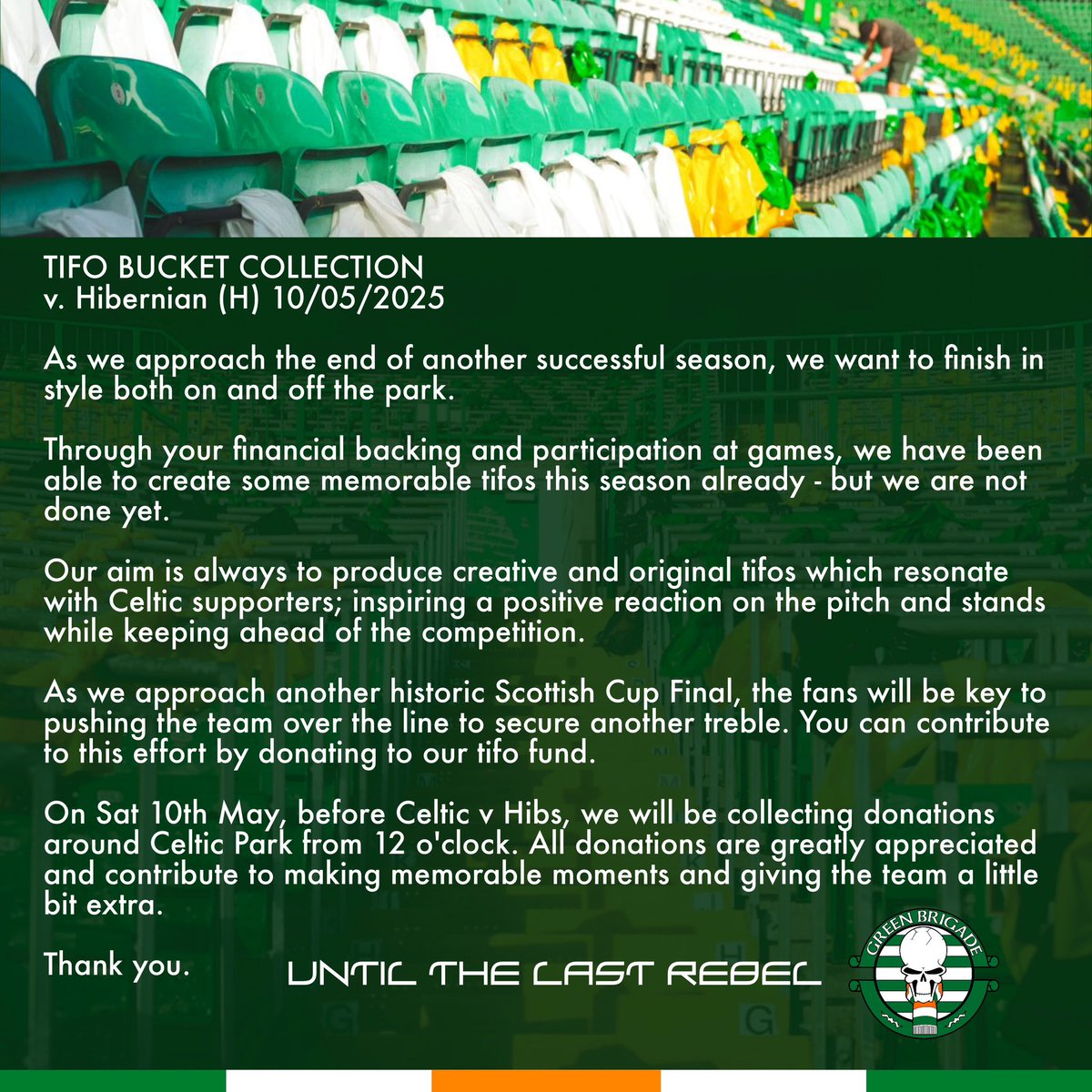 NCCeltic's tweet photo. Scottish Cup Final - Tifo Bucket Collection v Hibernian 10/05/2025

To donate online, please scan the QR Code or visit https://t.co/5ThScdoRIr https://t.co/fNMFiuoiMb