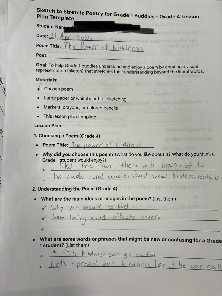 Grade 4 students took their poetry lesson plans and brought them to life with our Grade 1 class today! Such a wonderful experience in peer teaching and creative expression. #PoetryLesson #CrossGradeCollaboration #ElementaryEducation