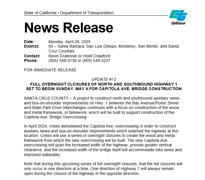 CaltransD5's tweet image. Full overnight closures of Highway 1 for construction of Capitola Ave. overcrossing set to begin Sunday, May 4 at 10 pm. One direction of Highway 1 will always remain open during the closure of the highway in the opposite direction. #BeWorkZoneAlert