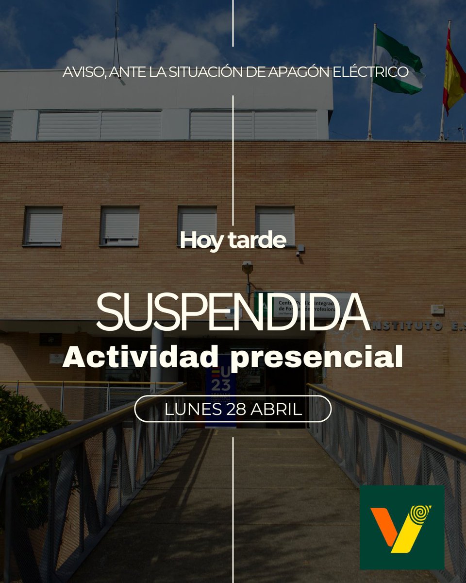 Hoy 28 de abril, atendiendo a los avisos tras la situación de apagón general, queda suspendida la actividad presencial en nuestro centro.