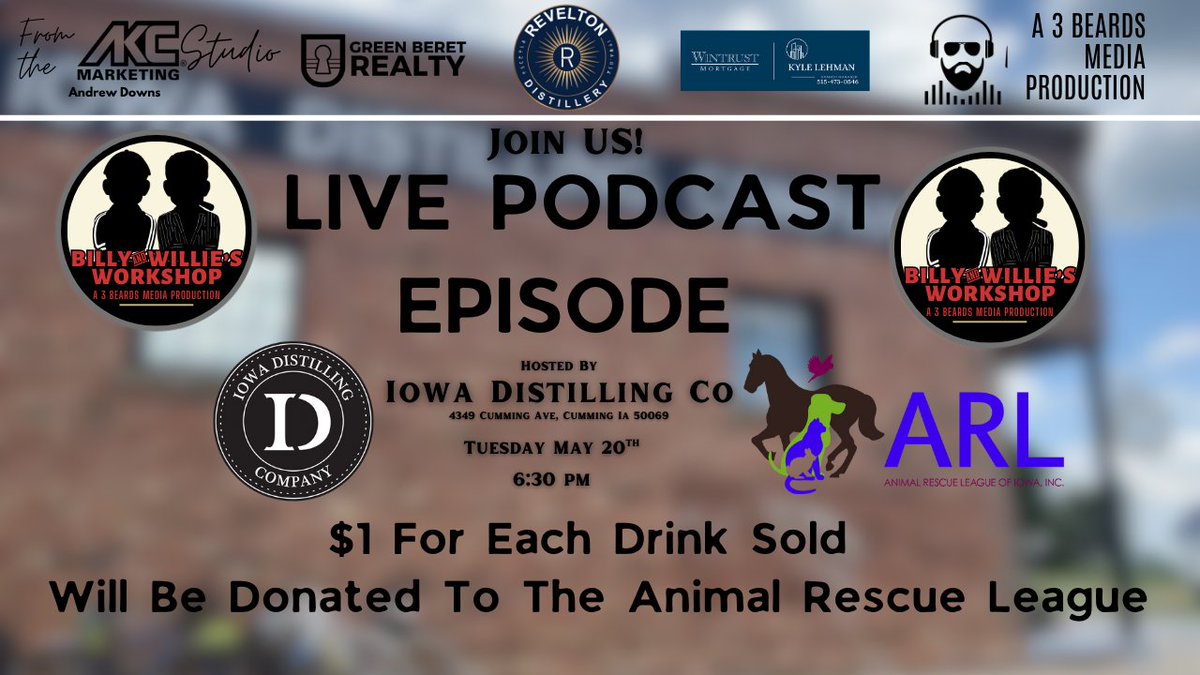 3 Beards Media (@3beardsmedia) on Twitter photo 🎙️ BIG NIGHT ALERT! 🎙️
Join us for a special LIVE episode of <a href="/Billy_Willies_/">Billy & Willie's Workshop.</a> at <a href="/IowaDistilling/">Iowa Distilling Co.</a> on May 20th at 6:30 PM! 🥃🐾
Come hang out, watch the show in person, and enjoy some incredible drinks — all for a great cause! For every drink sold, $1 will be donated to the 🎙️ BIG NIGHT ALERT! 🎙️
Join us for a special LIVE episode of <a href="/Billy_Willies_/">Billy & Willie's Workshop.</a> at <a href="/IowaDistilling/">Iowa Distilling Co.</a> on May 20th at 6:30 PM! 🥃🐾
Come hang out, watch the show in person, and enjoy some incredible drinks — all for a great cause! For every drink sold, $1 will be donated to the