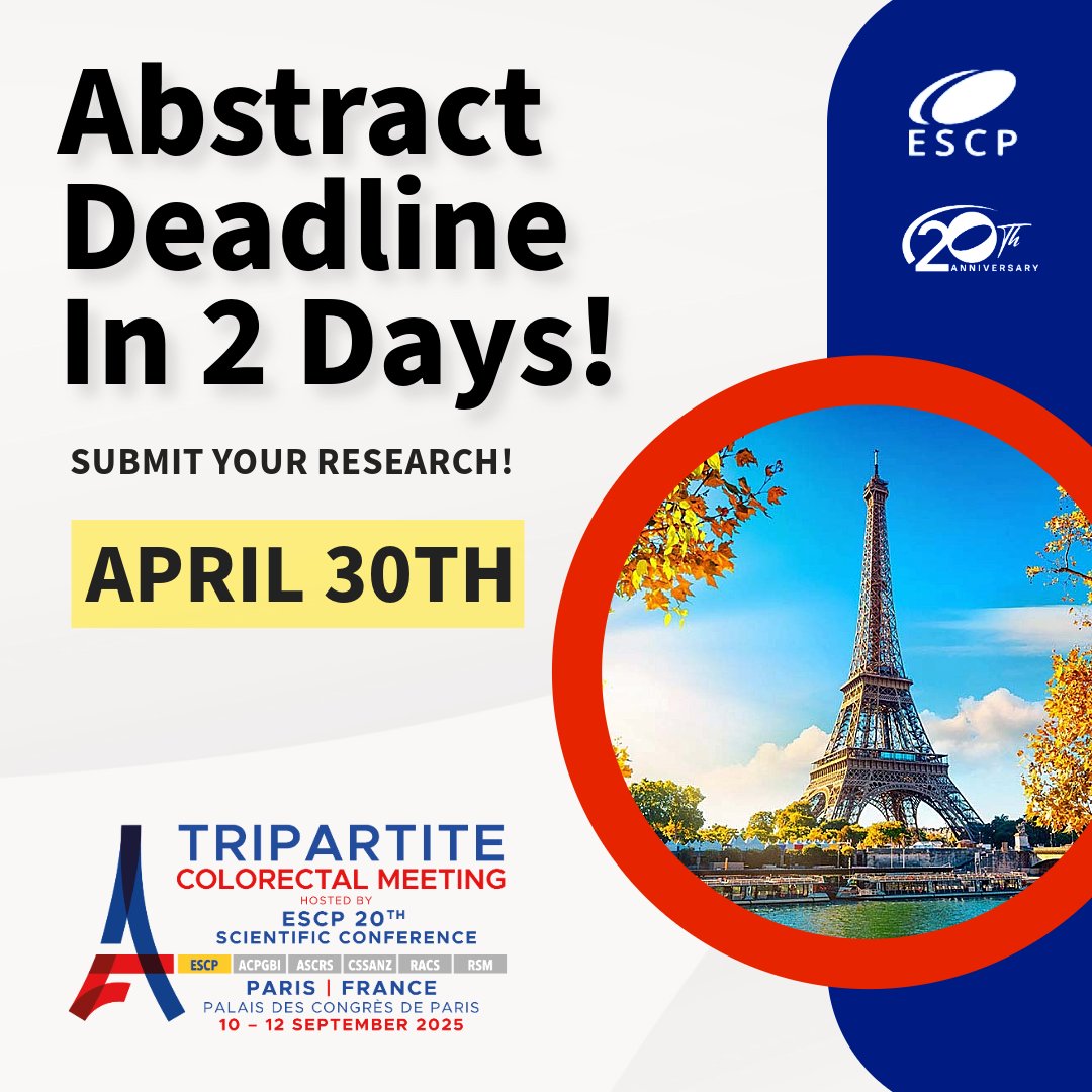 ⏳ Abstract deadline Countdown!

Only 2 days Left! to Submit your Abstracts be part of Tripartite Meeting 2025 in the beautiful city of Paris!

The Global Colorectal Stage is the place to share your research.

📍 Paris is calling 🇫🇷
 📅10–12 Sept 2025 | Palais des Congrès

💡