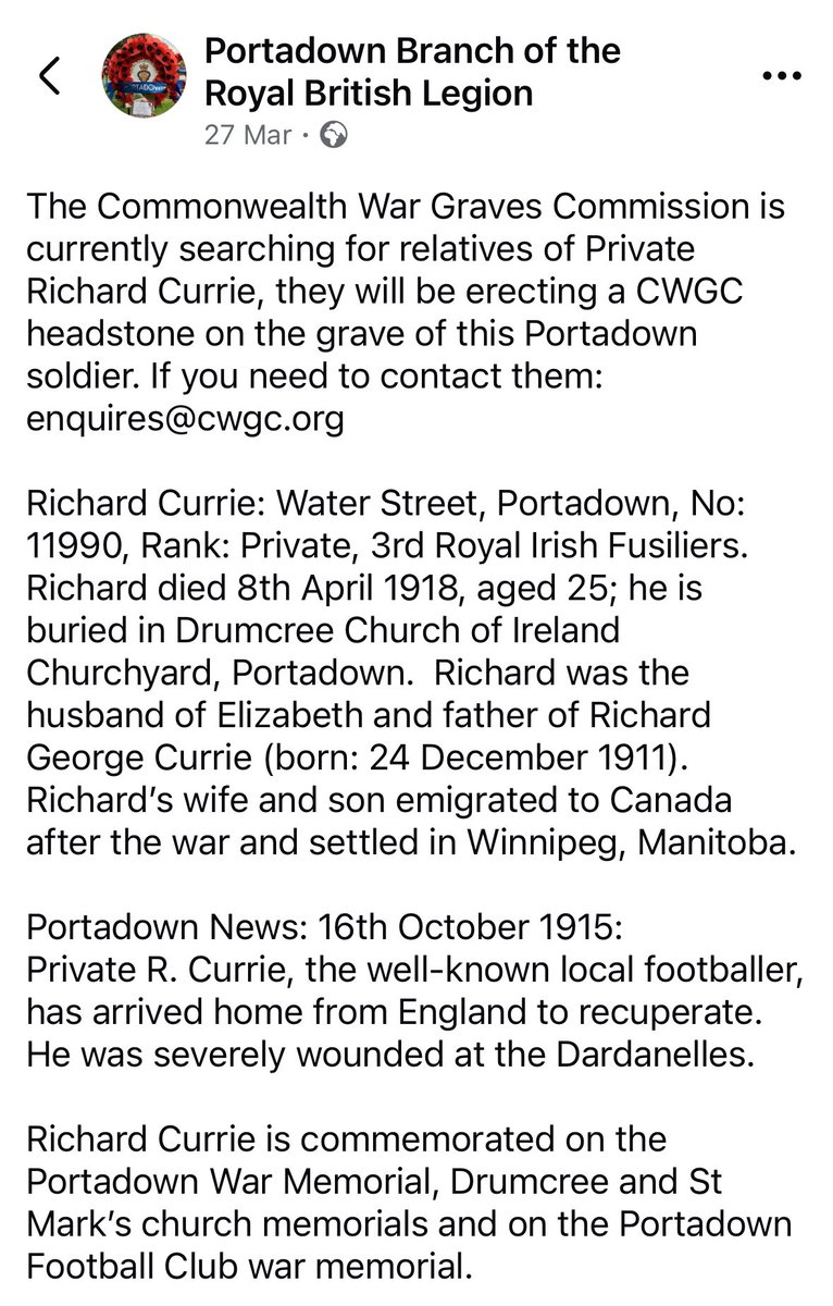 The <a href="/CWGC/">Commonwealth War Graves</a> is searching for relatives of Richard Currie former <a href="/Portadownfc/">Portadown FC</a> footballer. If you have any information please contact the commission at the email address below.