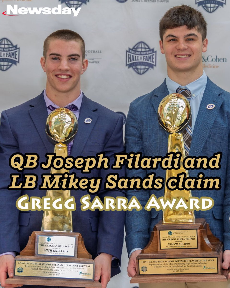 Newsday HS sports (@newsdayhssports) on Twitter photo Joseph Filardi and Mikey Sands were named recipients of the third annual Gregg Sarra Trophy, which honors Long Islandβs top offensive player and top defensive player.
Read more on both players: nwsd.li/d5562e
πΈ: David Meisenholder
π: <a href="/bendickson__/">Ben Dickson</a> Joseph Filardi and Mikey Sands were named recipients of the third annual Gregg Sarra Trophy, which honors Long Islandβs top offensive player and top defensive player.
Read more on both players: nwsd.li/d5562e
πΈ: David Meisenholder
π: <a href="/bendickson__/">Ben Dickson</a>