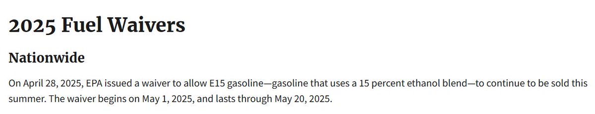 🚨  As expected, the EPA issued an emergency waiver allowing #E15 to be sold this summer.  All states allow the sale of E15 except California. Though the initial waiver only lasts from May 1 - May 20, it will be extended repeatedly to cover the entire summer.  #ethanol