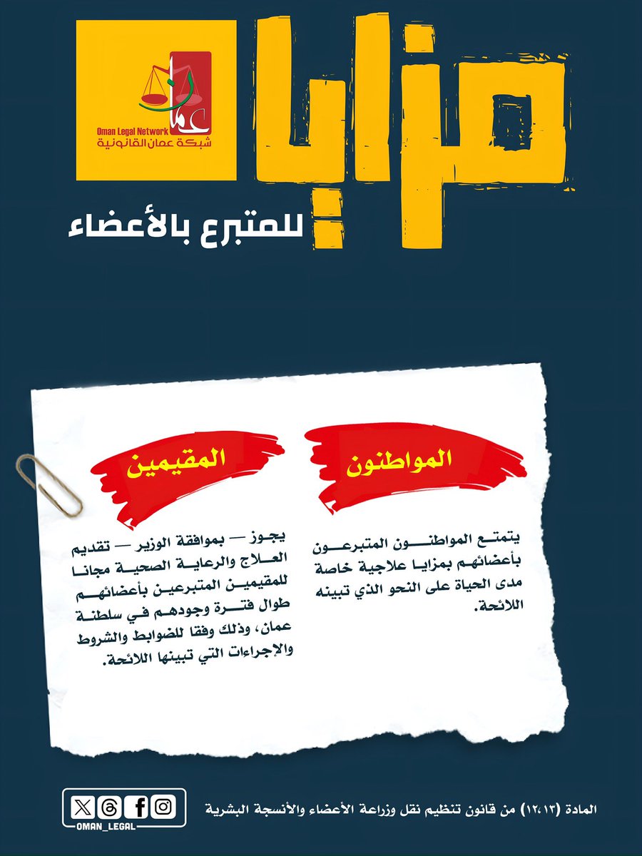 من يمنح الحياة، يستحق الحياة.
المتبرعون بالأعضاء يتمتعون بمزايا صحية خاصة تكريمًا لعطائهم الإنساني
~~~~
#شبكة_عمان_القانونية