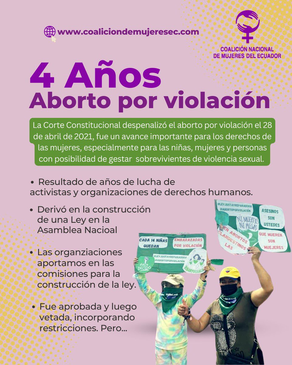 Coalición Nacional de Mujeres del Ecuador (@ecmujeres) on Twitter photo Como resultado de años de lucha de activistas y mujeres organizadas, este 28 de abril hace 4 años la <a href="/CorteConstEcu/">Corte Constitucional</a> despenalizó el aborto por violación; un avance importante en los derechos de las niñas, mujeres y personas con posibilidad de gestar sobrevivientes de la violencia Como resultado de años de lucha de activistas y mujeres organizadas, este 28 de abril hace 4 años la <a href="/CorteConstEcu/">Corte Constitucional</a> despenalizó el aborto por violación; un avance importante en los derechos de las niñas, mujeres y personas con posibilidad de gestar sobrevivientes de la violencia