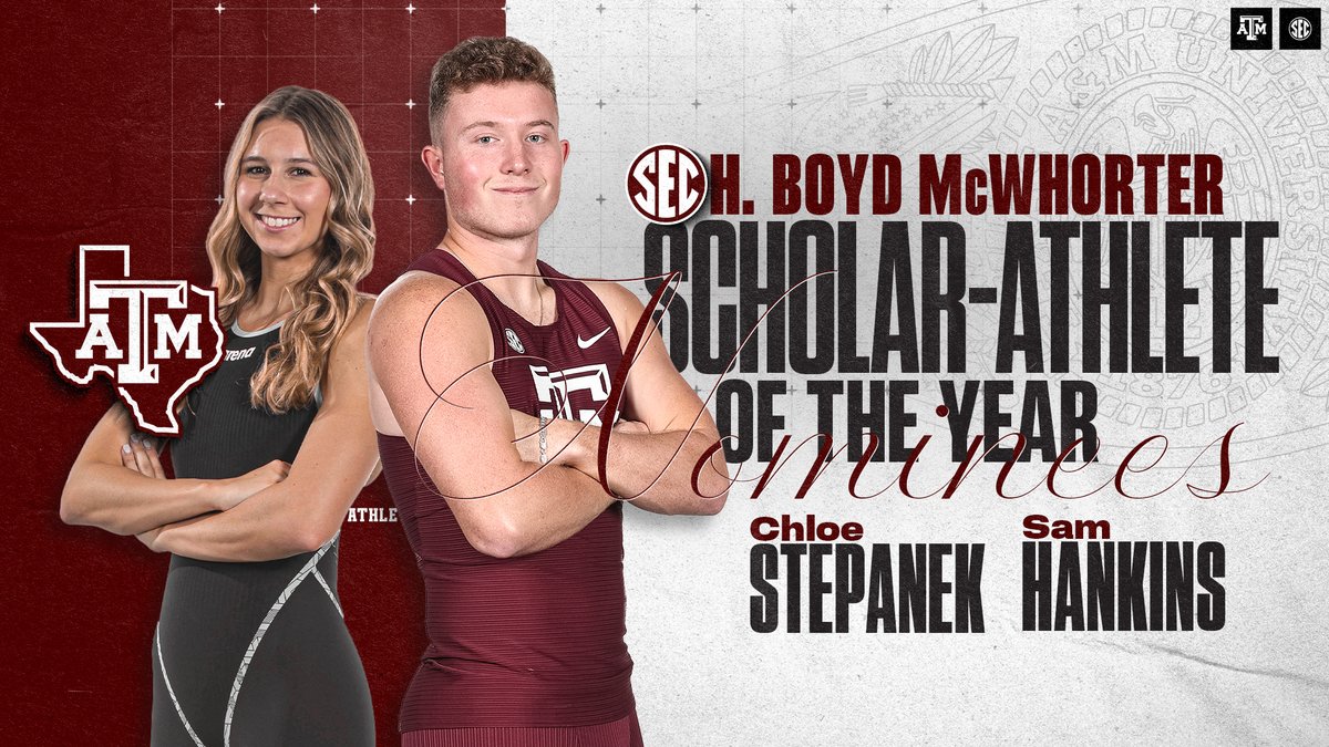 Texas A&M Athletics (@12thman) on Twitter photo Congratulations to <a href="/AggieSwimDive/">Texas A&M Swimming & Diving</a>'s Chloe Stepanek and <a href="/aggietfxc/">Texas A&M Track & Field/Cross Country</a>'s Sam Hankins on being nominated for the SEC H. Boyd McWhorter Scholar-Athlete of the Year Award ๐
Read more โก๏ธ aggi.es/4cXB9ao
#GigEm | <a href="/SEC/">Southeastern Conference</a> Congratulations to <a href="/AggieSwimDive/">Texas A&M Swimming & Diving</a>'s Chloe Stepanek and <a href="/aggietfxc/">Texas A&M Track & Field/Cross Country</a>'s Sam Hankins on being nominated for the SEC H. Boyd McWhorter Scholar-Athlete of the Year Award ๐
Read more โก๏ธ aggi.es/4cXB9ao
#GigEm | <a href="/SEC/">Southeastern Conference</a>