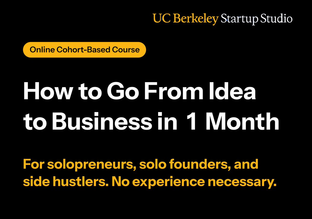 The first ever <a href="/UCBerkeley/">UC Berkeley</a> Solopreneur Course kicks off this week 🐻🎉 

It’s a 1-month sprint to profit: 99% practice, 1% theory. From ideation to lead generation and sales automation, this course will take you from zero to hero. 

If you want to start something of your own,