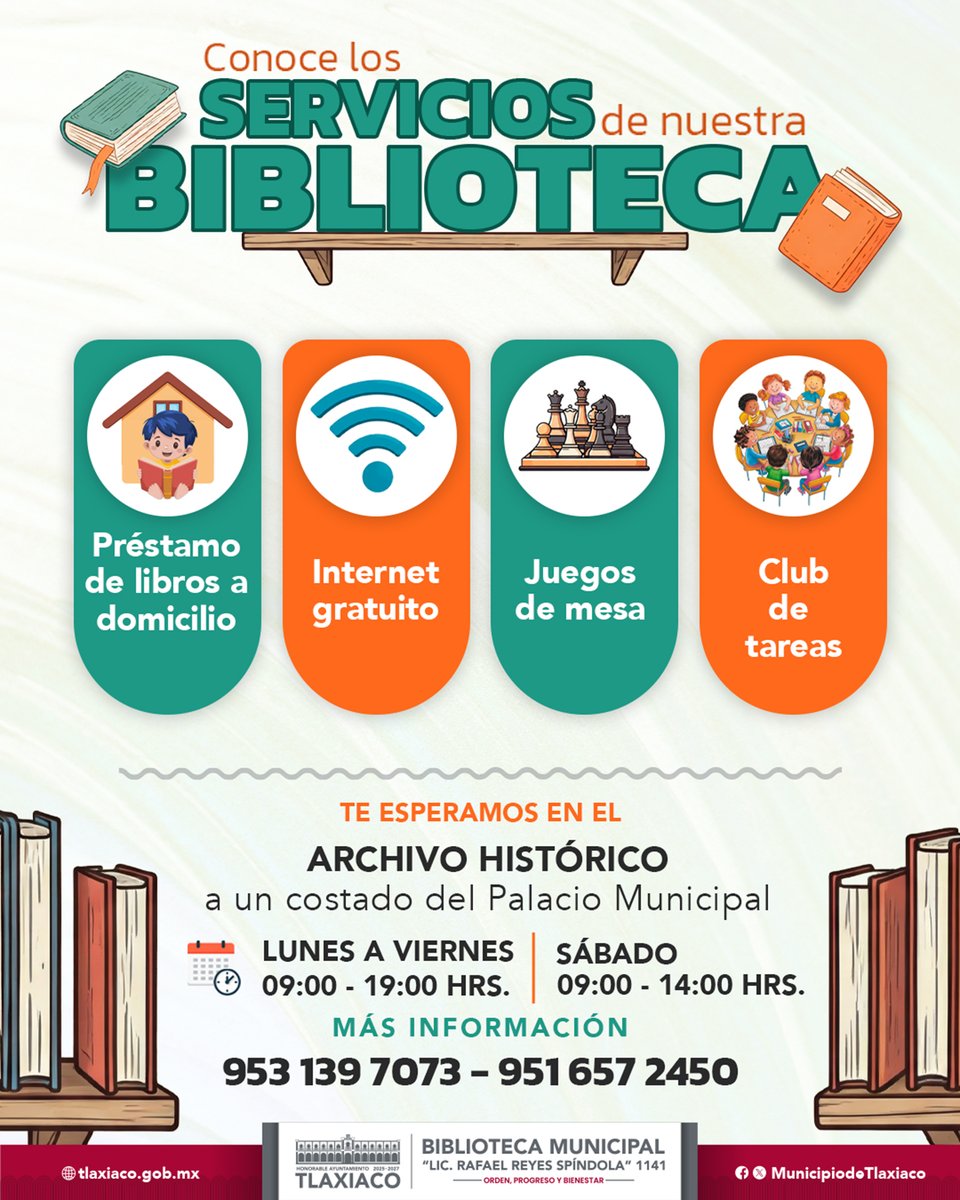 ¡La Biblioteca Pública Municipal está en servicio!
Te invitamos a que nos visites, contamos con:
📷 Préstamo de libros a domicilio.
📷 Internet gratuito
📷 Club de tareas para estudiantes de 6 a 12 años.
📷 Juegos de mesa como ajedrez, lotería, damas chinas, dominó y rompecabezas