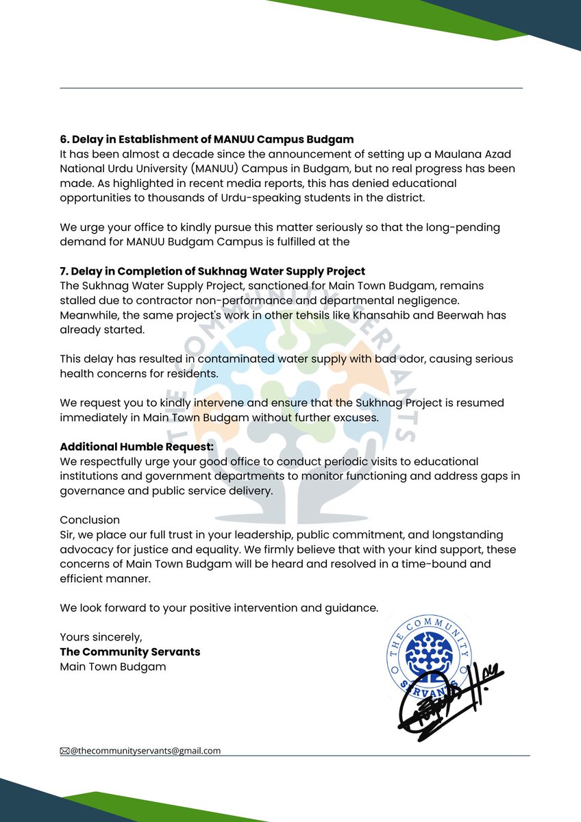 acc_tcs's tweet image. Today presented a memorandum to MP Jinab Aga Syed Ruhullah Mehdi on key civic issues of Main Town Budgam. Grateful for his positive response and commitment to addressing them!
#TheCommunityServants #Budgam #CommunityDevelopment #YouthForChange
@RuhullahMehdi