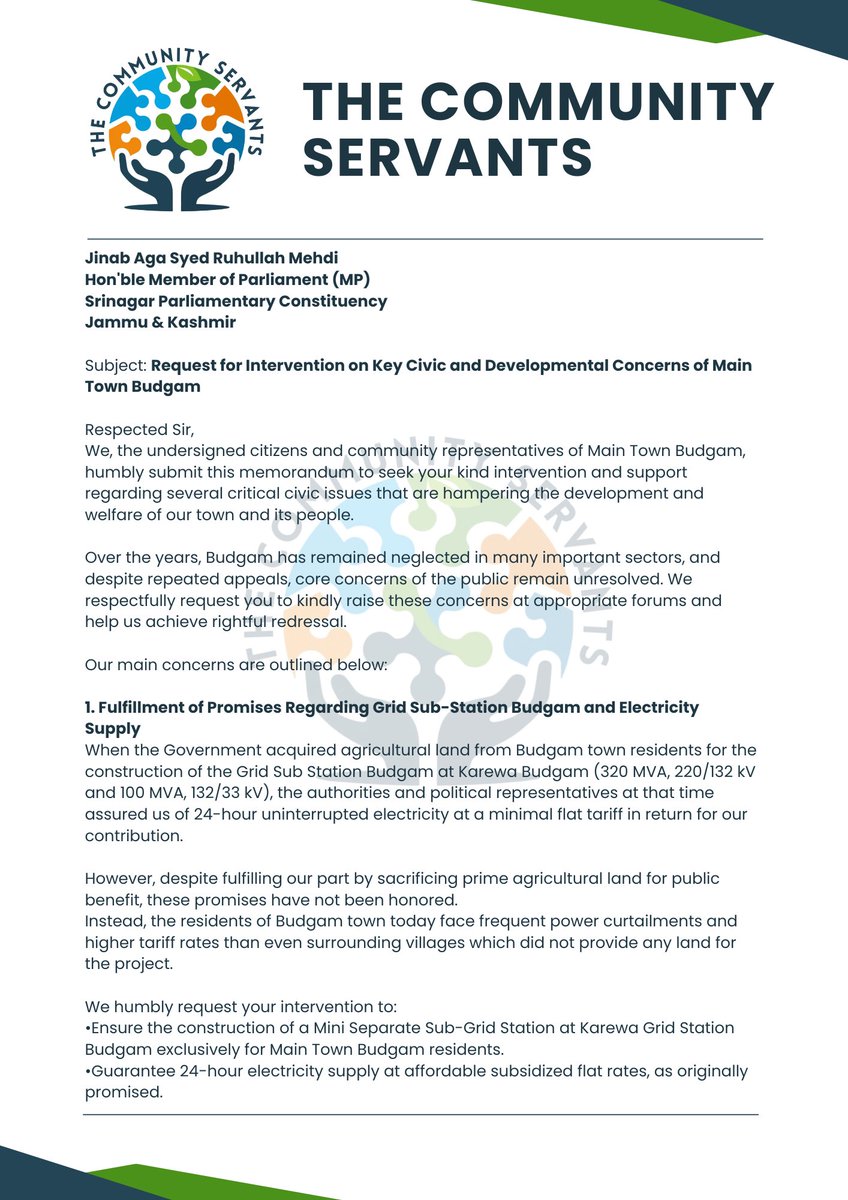 acc_tcs's tweet image. Today presented a memorandum to MP Jinab Aga Syed Ruhullah Mehdi on key civic issues of Main Town Budgam. Grateful for his positive response and commitment to addressing them!
#TheCommunityServants #Budgam #CommunityDevelopment #YouthForChange
@RuhullahMehdi