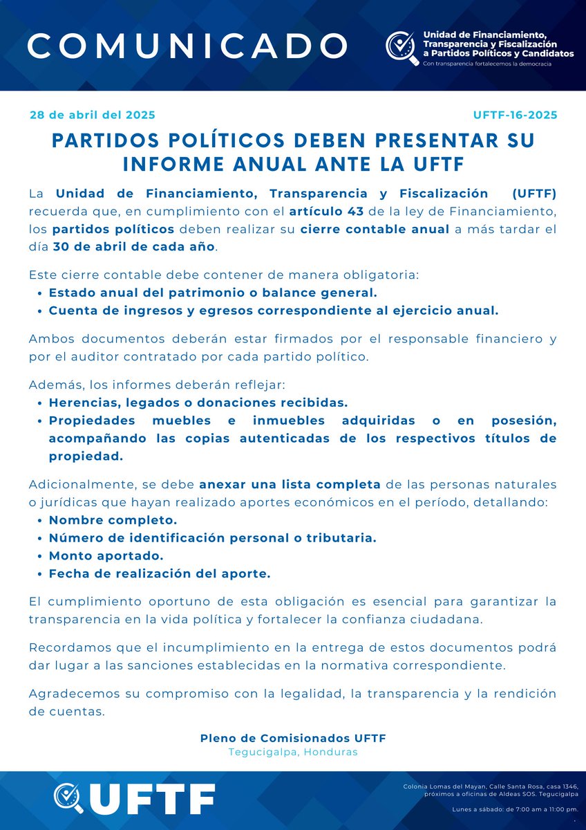 ¡ATENCIÓN PARTIDOS POLÍTICOS!

En cumplimiento con el artículo 43 de la Ley de Financiamiento, todos los partidos políticos deben presentar ante la #UFTF su informe de Cierre Contable Anual a más tardar el 30 de abril de cada año.