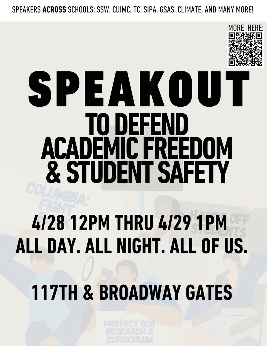 Right now, at Columbia's Earl Gate, Columbia faculty are beginning a 25-Hour Speakout to Defend Academic Freedom and Student Safety. Follow the livestream here and more info below 👇