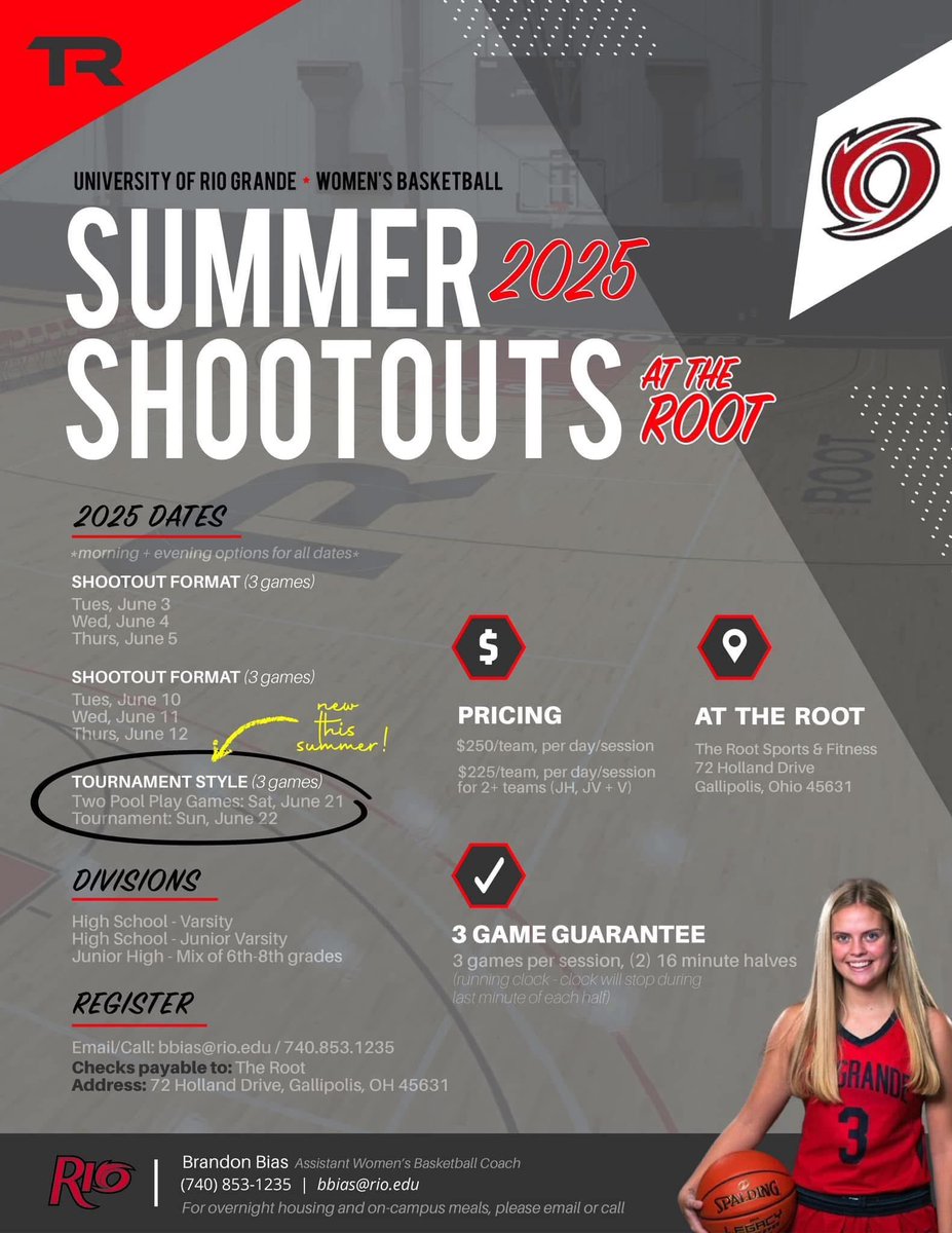 Spots available:

June 3rd morning 
1-V
1-JV

June 3rd evening
2-Junior High

June 4th evening
1-JV

June 5th morning 
1-V

June 21st-22nd
Open for Varsity and Junior High! 2-Day tournament style!