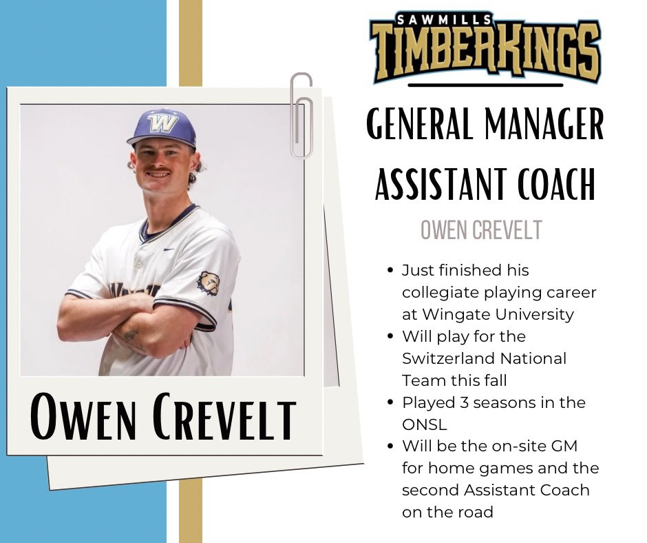 Last but not least for our staff, Owen Crevelt! He comes to Sawmills after just finishing at Wingate University. Owen had spent 3 summers playing in the ONSL and will continue his playing career with the Switzerland National Team this fall!