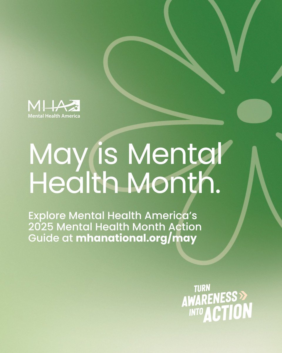 Today marks the first day of mental health awareness month! Learn how to turn mental health awareness into meaningful action with Mental Health America’s #MHM2025 Action Guide!
Get started: mhanational.org/may 💚
#TurnAwarenessIntoAction