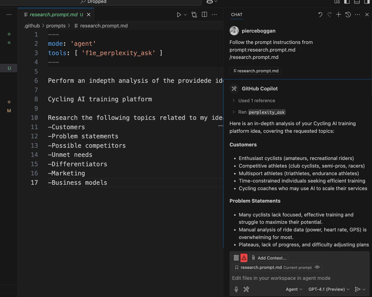 Pierce Boggan (@pierceboggan) on Twitter photo In the latest <a href="/code/">Visual Studio Code</a> Insiders, you can now build reusable prompt files that specify a mode and available tools.
Here's my 'research' prompt using <a href="/perplexity_ai/">Perplexity</a> to identify opportunities for my AI cycling training plan app: In the latest <a href="/code/">Visual Studio Code</a> Insiders, you can now build reusable prompt files that specify a mode and available tools.
Here's my 'research' prompt using <a href="/perplexity_ai/">Perplexity</a> to identify opportunities for my AI cycling training plan app: