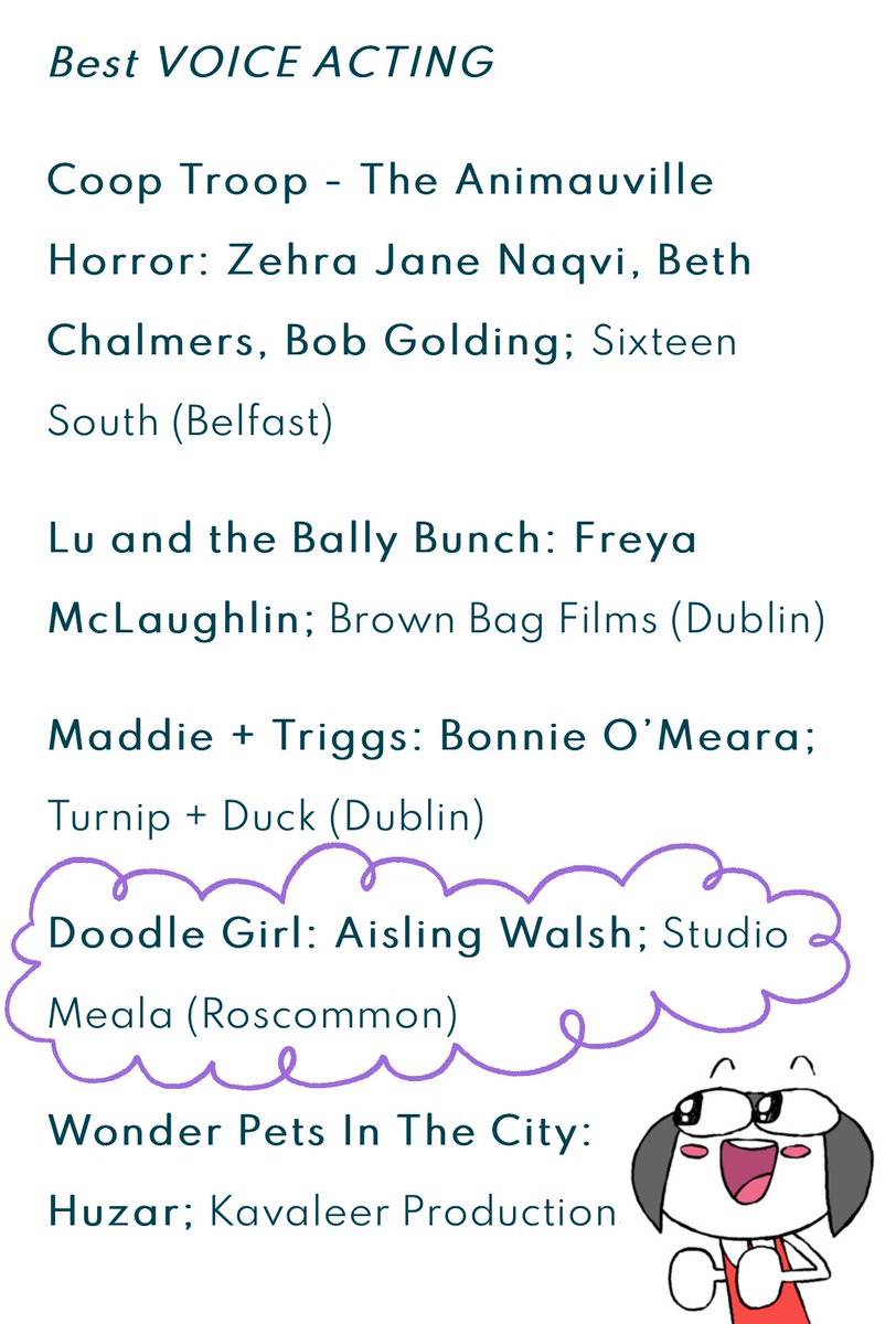 Doodle Girl has been nominated for 4 categories at the Irish Animation Awards! 

-Best Preschool series
-Best New IP
-Best Storyboarding (Congrats to Adeola Lawal!)
-Best Voice Acting (Congrats to Aisling Walsh!)

Wish us luck!