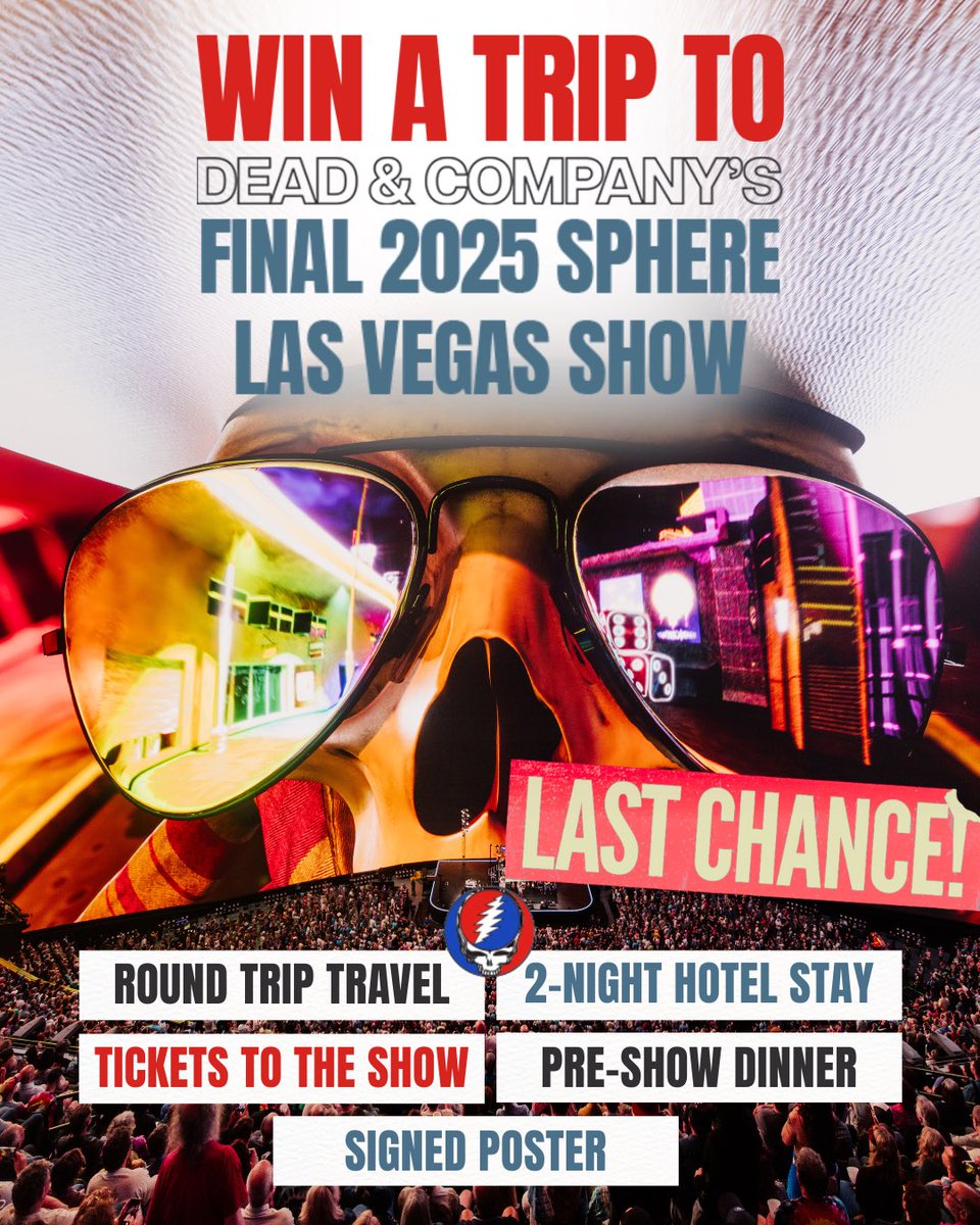 Dead & Company (@deadandcompany) on Twitter photo LAST CHANCE to win a trip to Vegas for the last #DeadForever show at Sphere in 2025. Donate now to support <a href="/REVERB_org/">REVERB</a> and <a href="/HeadCountOrg/">HeadCount | Register To Vote</a> using code "DEAD100" for 100 bonus entries at checkout before the sweeps ends on Tuesday, April 29, 2025 at 11:59pm PT. fandiem.com/deadandco LAST CHANCE to win a trip to Vegas for the last #DeadForever show at Sphere in 2025. Donate now to support <a href="/REVERB_org/">REVERB</a> and <a href="/HeadCountOrg/">HeadCount | Register To Vote</a> using code "DEAD100" for 100 bonus entries at checkout before the sweeps ends on Tuesday, April 29, 2025 at 11:59pm PT. fandiem.com/deadandco