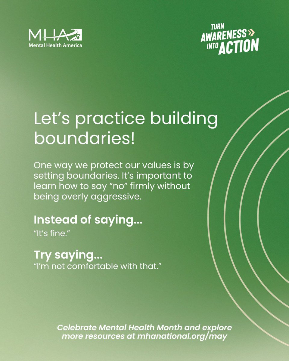 Setting boundaries at home is brave. Setting boundaries at work is brave. Setting boundaries with your friends is brave. Learn how to build your boundaries this #MHM: screening.mhanational.org/diy/building-b…
#TurnAwarenessIntoAction