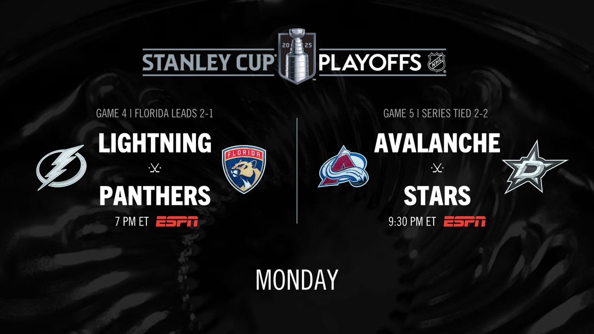 Monday, #StanleyCup Playoff action continues with a First Round doubleheader on ESPN

🏒 6p ET | The Point | ESPN2, ESPN+
🏒 7p ET | #GoBolts-#TimeToHunt (Game 4)
🏒 9:30p ET | #GoAvsGo-#TexasHockey (Game 5)

#NHL