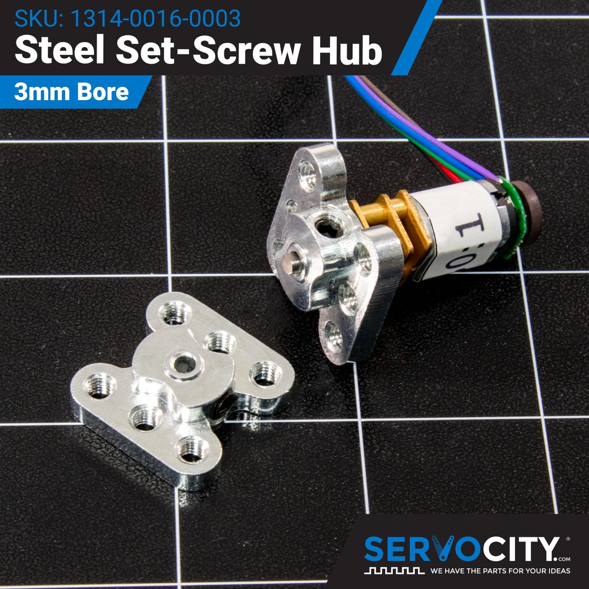 Set your sights on miniature motion proficiencies with the 3mm Steel Set-Screw Hub! Its on-pattern threaded holes bring you special options for building with beams, while its compact form factor and built-in shim ensure ease of implementation!
servocity.com/1314-series-st…