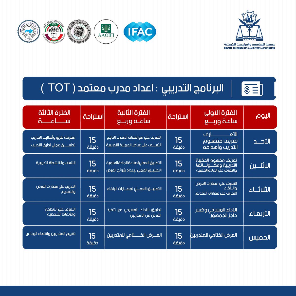 تسرّ جمعية المحاسبين والمراجعين الكويتية فتح باب التسجيل في برنامج إعداد مدرب معتمد “TOT”بالفترة من 18-22 مايو 2025 للاستفسار يرجي التواصل علي هاتف رقم 22001002 او من خلال خدمة الواتساب 51700060