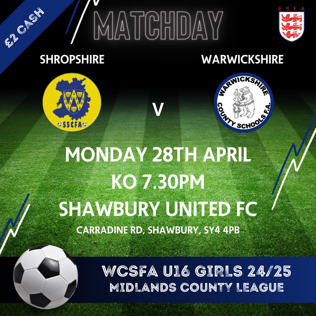 Warwickshire County Schools FA (@warwickshiresfa) on Twitter photo Home & Away!
As the end of the season comes barrelling towards us, the U15 Boys host <a href="/StaffsSchoolsFA/">Staffordshire Schools & Colleges FA</a>, home at <a href="/StratfordTownFC/">Stratford Town FC</a> in their penultimate match of the Midlands County Football Federation League and the U16 Girls head to <a href="/SSCFA2/">SSCFA</a> for theirs.
Good luck! #ComeOnYouBears Home & Away!
As the end of the season comes barrelling towards us, the U15 Boys host <a href="/StaffsSchoolsFA/">Staffordshire Schools & Colleges FA</a>, home at <a href="/StratfordTownFC/">Stratford Town FC</a> in their penultimate match of the Midlands County Football Federation League and the U16 Girls head to <a href="/SSCFA2/">SSCFA</a> for theirs.
Good luck! #ComeOnYouBears