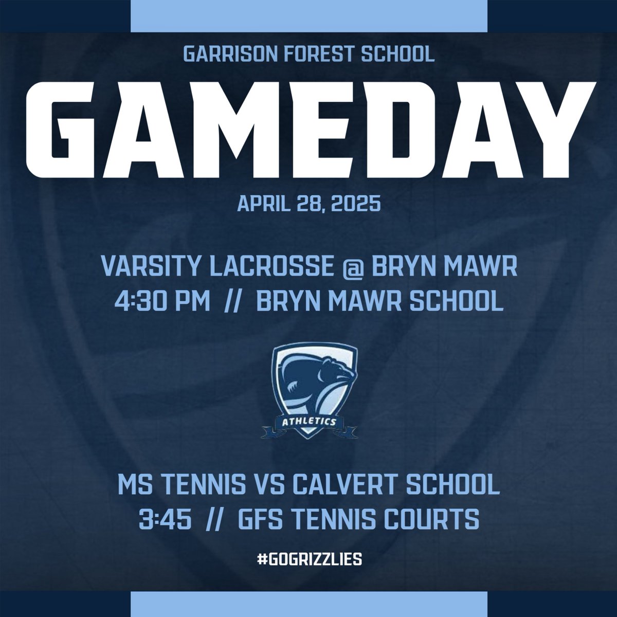 Starting off this week, Varsity Lacrosse and MS Tennis have games!  Varsity Lacrosse travels to Bryn Mawr for a 4:30pm matchup.  MS Tennis is on their home courts for their match against Calvert School.  #GOGRIZZLIES