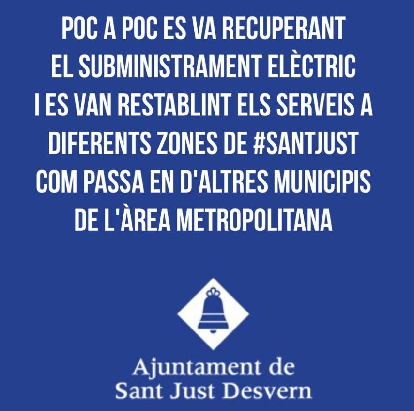 Ràdio Desvern (@radiodesvern) on Twitter photo 🚨‼️ #SantJust va restablint el subministrament elèctric a diferents zones del municipi <a href="/santjustcat/">santjustcat</a>.
👉La consellera d'Interior, Núria Parlon, ha anunciat que el #subministrament a #Catalunya s'ha recuperat en un 26% després de l'#apagada elèctrica. 🚨‼️ #SantJust va restablint el subministrament elèctric a diferents zones del municipi <a href="/santjustcat/">santjustcat</a>.
👉La consellera d'Interior, Núria Parlon, ha anunciat que el #subministrament a #Catalunya s'ha recuperat en un 26% després de l'#apagada elèctrica.
