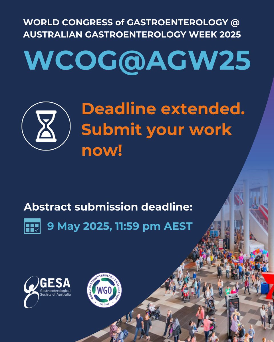 World Gastroenterology Organisation (WGO) (@worldgastroorg) on Twitter photo ๐จ Abstract submission deadline extended! ๐จ
You now have until Friday, 9 May 2025, at 13:59 UTC to submit your work for WCOG@AGW25!
Don't miss this opportunity โ submit today ๐ wgo-agw25.gesa.org.au/abstract-submiโฆ
#WCOG_AGW25 #GlobalGICommunity #MedicalConference <a href="/AGWmeeting/">Gastroenterology Society of Australia (GESA)</a> ๐จ Abstract submission deadline extended! ๐จ
You now have until Friday, 9 May 2025, at 13:59 UTC to submit your work for WCOG@AGW25!
Don't miss this opportunity โ submit today ๐ wgo-agw25.gesa.org.au/abstract-submiโฆ
#WCOG_AGW25 #GlobalGICommunity #MedicalConference <a href="/AGWmeeting/">Gastroenterology Society of Australia (GESA)</a>