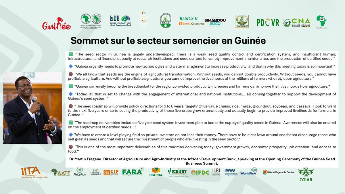 #Technologies to #FeedAfrica (@taat_africa) on Twitter photo Unlocking Guinea's agricultural potential starts with quality seeds! Dr <a href="/mfregene77/">Martin Fregene</a>, <a href="/AfDB_Group/">African Development Bank Group</a> shared his vision at Guinea #SeedBusinessSummit. Key quotes👇
#TAATinGuinea #SeedBusinessSummit #FoodSecurity #Partnership #EngageTAAT to #FeedAfrica
<a href="/gatesfoundation/">Gates Foundation</a> <a href="/CGIAR/">CGIAR</a> Unlocking Guinea's agricultural potential starts with quality seeds! Dr <a href="/mfregene77/">Martin Fregene</a>, <a href="/AfDB_Group/">African Development Bank Group</a> shared his vision at Guinea #SeedBusinessSummit. Key quotes👇
#TAATinGuinea #SeedBusinessSummit #FoodSecurity #Partnership #EngageTAAT to #FeedAfrica
<a href="/gatesfoundation/">Gates Foundation</a> <a href="/CGIAR/">CGIAR</a>