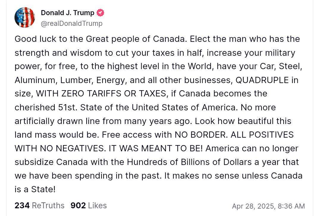 AaronDodd's tweet image. Incredible. On Canada's election day, Trump tells Canadians to vote for the candidate who will treasonously hand their country over to him. #auspol #USPolitics #canpol #CanadaElections2025