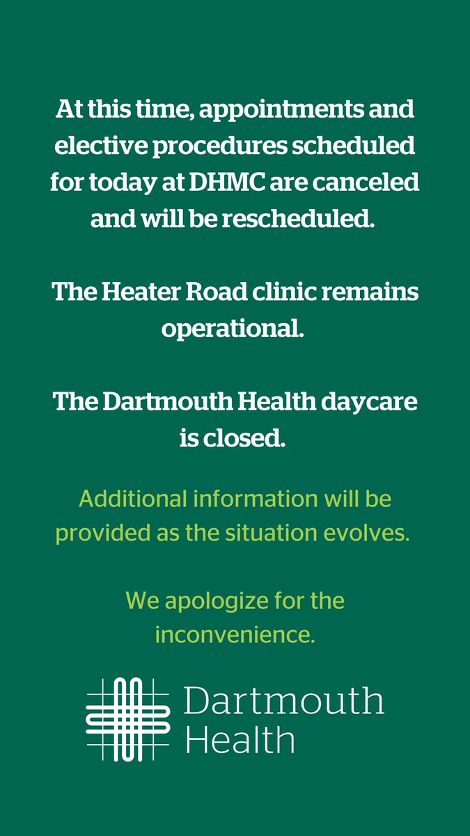 Dartmouth Health (@dartmouthhealth) on Twitter photo Sundayās intense winds caused a tree to fall on critical power lines providing power to <a href="/DHMCandClinics/">Dartmouth Hitchcock Medical Center and Clinics</a>. At this time, appointments & elective procedures scheduled for today at DHMC are canceled & will be rescheduled.
Add'l information will be provided as the situation evolves. Sundayās intense winds caused a tree to fall on critical power lines providing power to <a href="/DHMCandClinics/">Dartmouth Hitchcock Medical Center and Clinics</a>. At this time, appointments & elective procedures scheduled for today at DHMC are canceled & will be rescheduled.
Add'l information will be provided as the situation evolves.