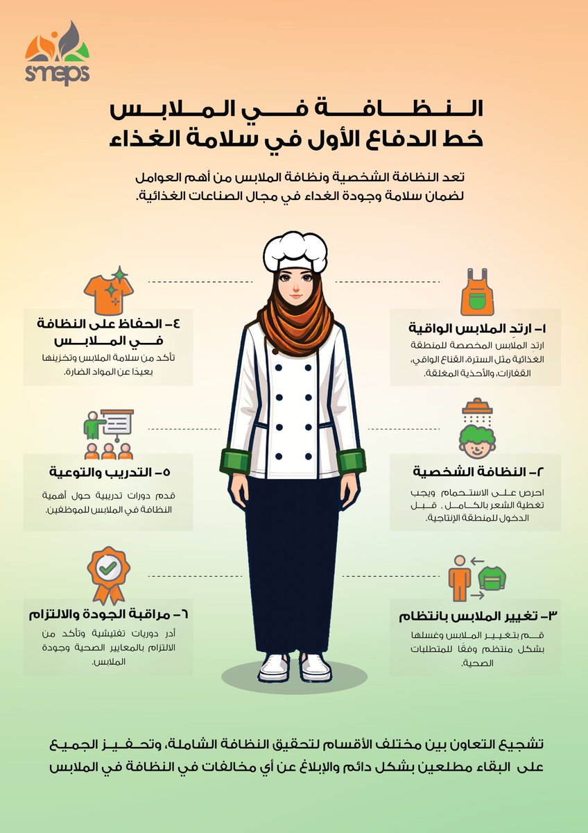 SMEPSYEMEN's tweet photo. عندك مشروع منزلي في مجال الأطعمة والغذاء؟👩🏽‍🍳🥘

لا تنسى/ي ارتداء الملابس المخصصة مثل القناع الواقي، والسترة، والقفازات، والأحذية المغلقة، وتذكر/ي دائمًا أن نظافة الملابس هي خط الدفاع الأول لتقديم طعام آمن.👚

 #اليوم_العالمي_للسلامة_والصحة_المهنية https://t.co/k5lipYcsHh
