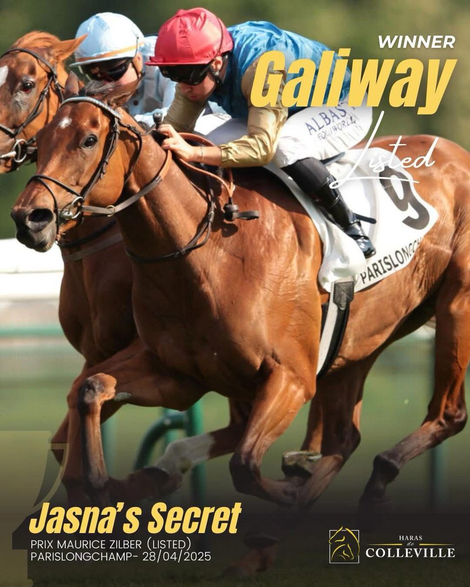 Haras de Colleville (@harascolleville) on Twitter photo The 4yo daughter of GALIWAY, 𝗝𝗔𝗦𝗡𝗔’𝗦 𝗦𝗘𝗖𝗥𝗘𝗧 made a winning return in the Listed Prix Maurice Zilber over 7f <a href="/paris_longchamp/">ParisLongchamp</a> for <a href="/CYLerner/">C&Y Lerner</a> , <a href="/mickaelbarzalon/">mickael barzalona</a> , owner Wathnan Racing and breeder Haras du Quesnay.
Congratulations to all her connections! The 4yo daughter of GALIWAY, 𝗝𝗔𝗦𝗡𝗔’𝗦 𝗦𝗘𝗖𝗥𝗘𝗧 made a winning return in the Listed Prix Maurice Zilber over 7f <a href="/paris_longchamp/">ParisLongchamp</a> for <a href="/CYLerner/">C&Y Lerner</a> , <a href="/mickaelbarzalon/">mickael barzalona</a> , owner Wathnan Racing and breeder Haras du Quesnay.
Congratulations to all her connections!