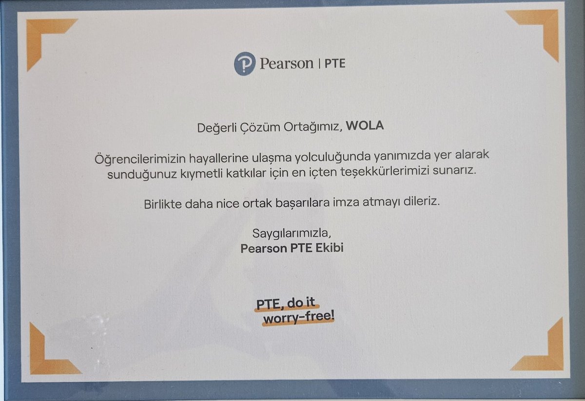 WOLA olarak, Pearson PTE Partner Buluşması’nda teşekkür belgesi aldık! 🎉
Pearson PTE Resmi Sınav Hazırlık Merkezi olarak, öğrencilerimizin başarı yolculuğuna destek olmaktan gurur duyuyoruz. 🚀
Daha nice başarılara! 🌟
#WOLA #PTE #Başarı #PTEHazırlık