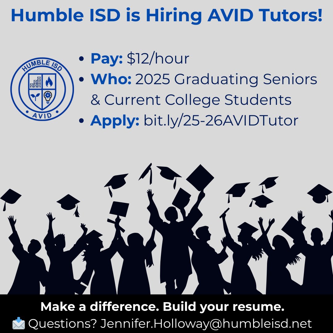 Are you a graduating senior, or current college student, looking for a meaningful job opportunity? <a href="/HumbleISD_AVID/">AVID</a> is hiring tutors for the 2025-2026 school year!
💸 Pay: $12/hour
🎓 Eligibility: Graduating seniors or current college students
📝 How to Apply: Complete the AVID
