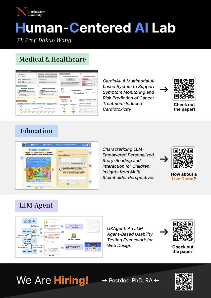 🌟 Northeastern Human-Centered AI Lab brings 5 papers and 1 poster at #CHI2025 
😃I will be at the conference for two days (Apr 28 and Apr 29)
🤝Let's chat about #healthAI, #AI4Edu, or #LLMAgent