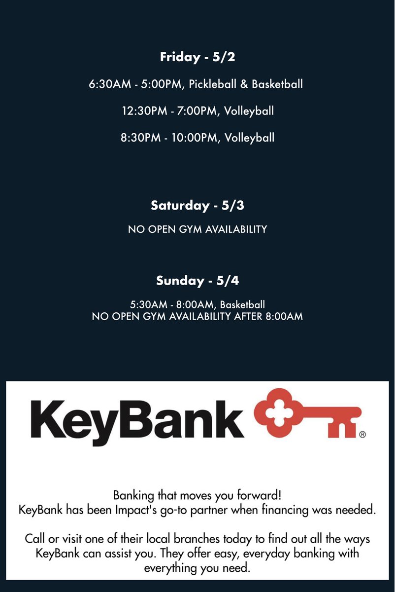 Happy Monday, Impact friends! 🌟
Here’s this week’s Open Gym schedule for April 28 – May 4. Wishing you an amazing week ahead!

A special thank you to our sponsor, KeyBank for their support! 🙌

#monday #schedule #ImpactAthleticCenter #Halfmoon #week #sponsor